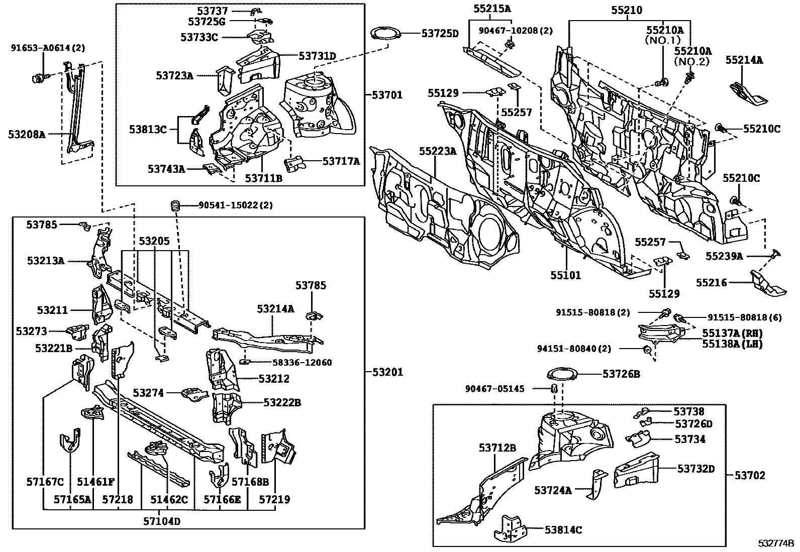 Toyota COROLLA 前翼子板挡泥板和前围板 EPC diagram — 532774B