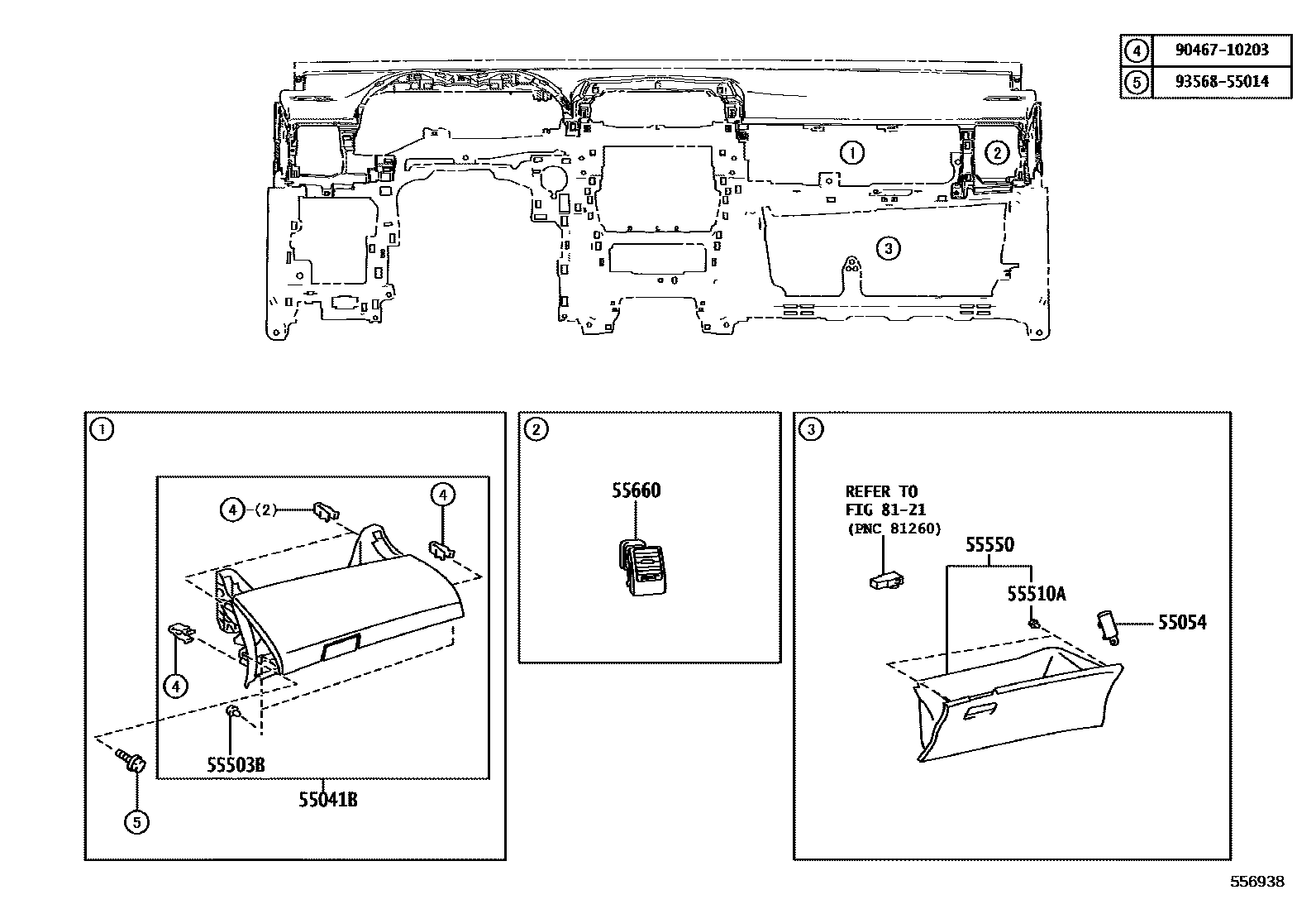 Toyota COROLLA 仪表板和手套箱 EPC diagram — 556938