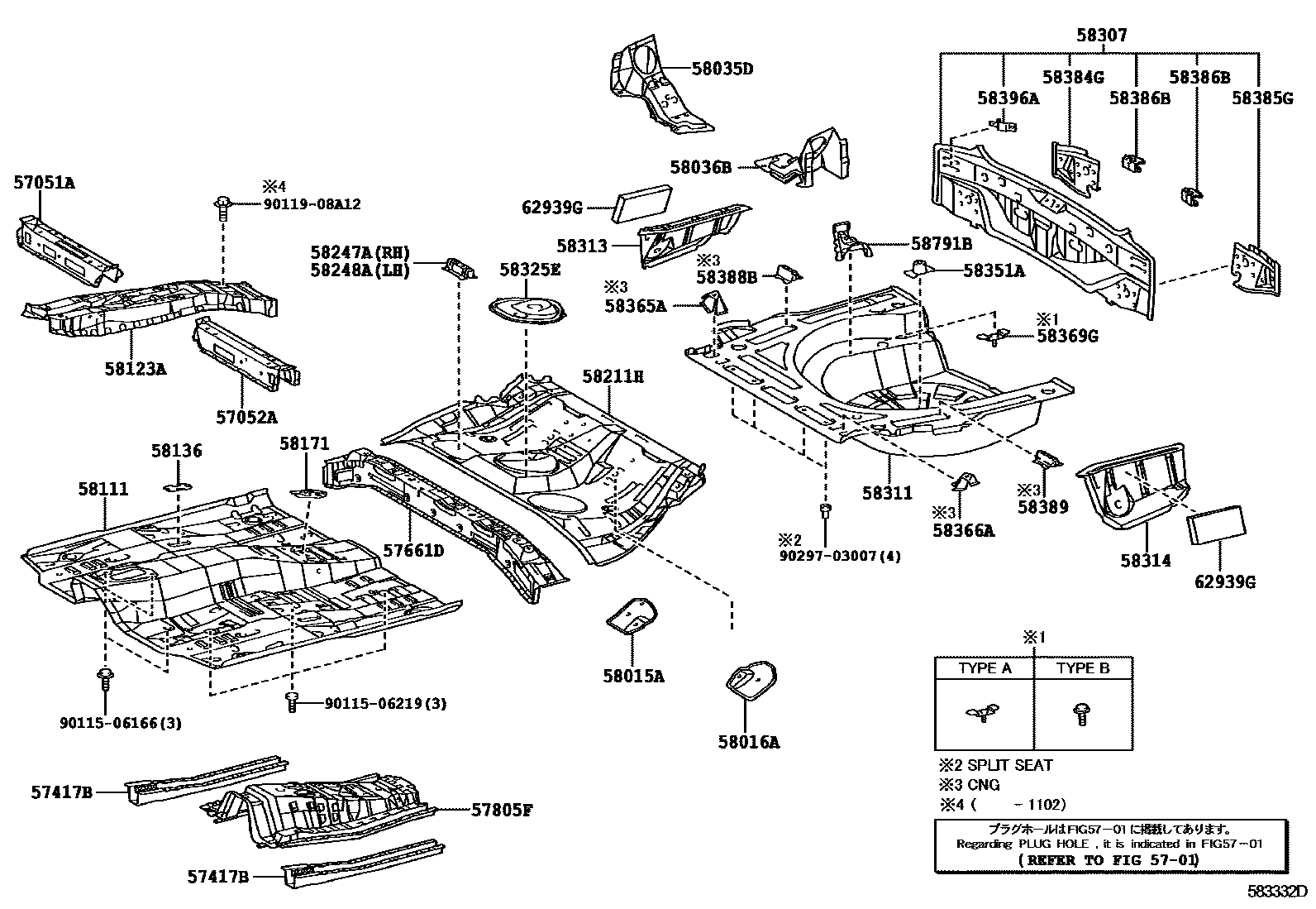 Toyota COROLLA 浅盘形地板和车身下背板 EPC diagram — 583332D