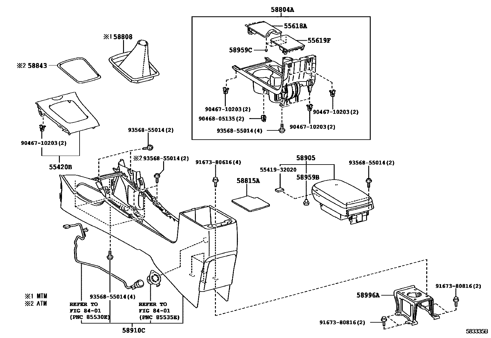 Toyota COROLLA 中央扶手箱和支架 EPC diagram — 583335B