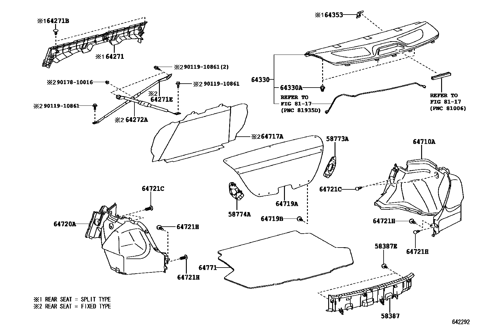 Toyota COROLLA 杂物箱板和行李箱垫 EPC diagram — 642292