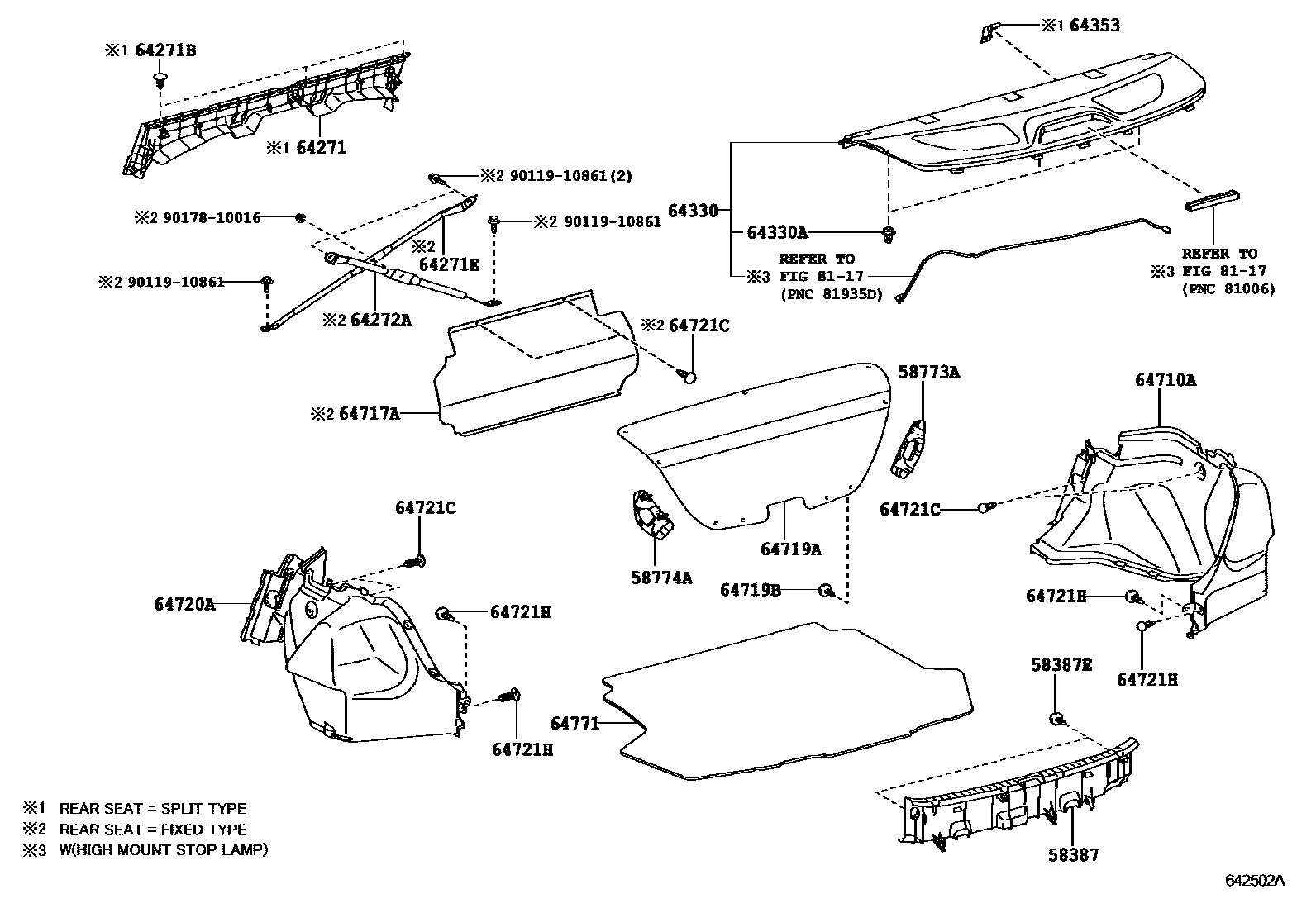 Toyota COROLLA 杂物箱板和行李箱垫 EPC diagram — 642502A