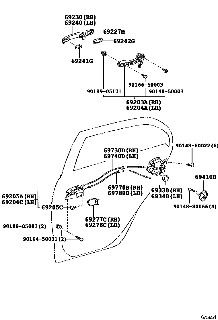 Toyota COROLLA 后门锁和后门把手 EPC diagram — 675654