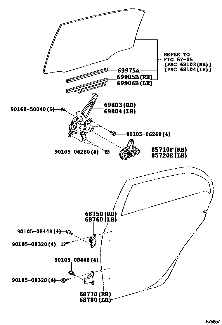 Toyota COROLLA 后门车窗升降器和合页 EPC diagram — 675657