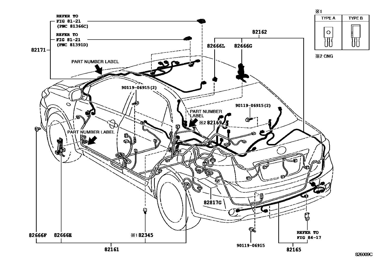 Toyota COROLLA 线束和卡夹 EPC diagram — 826009C