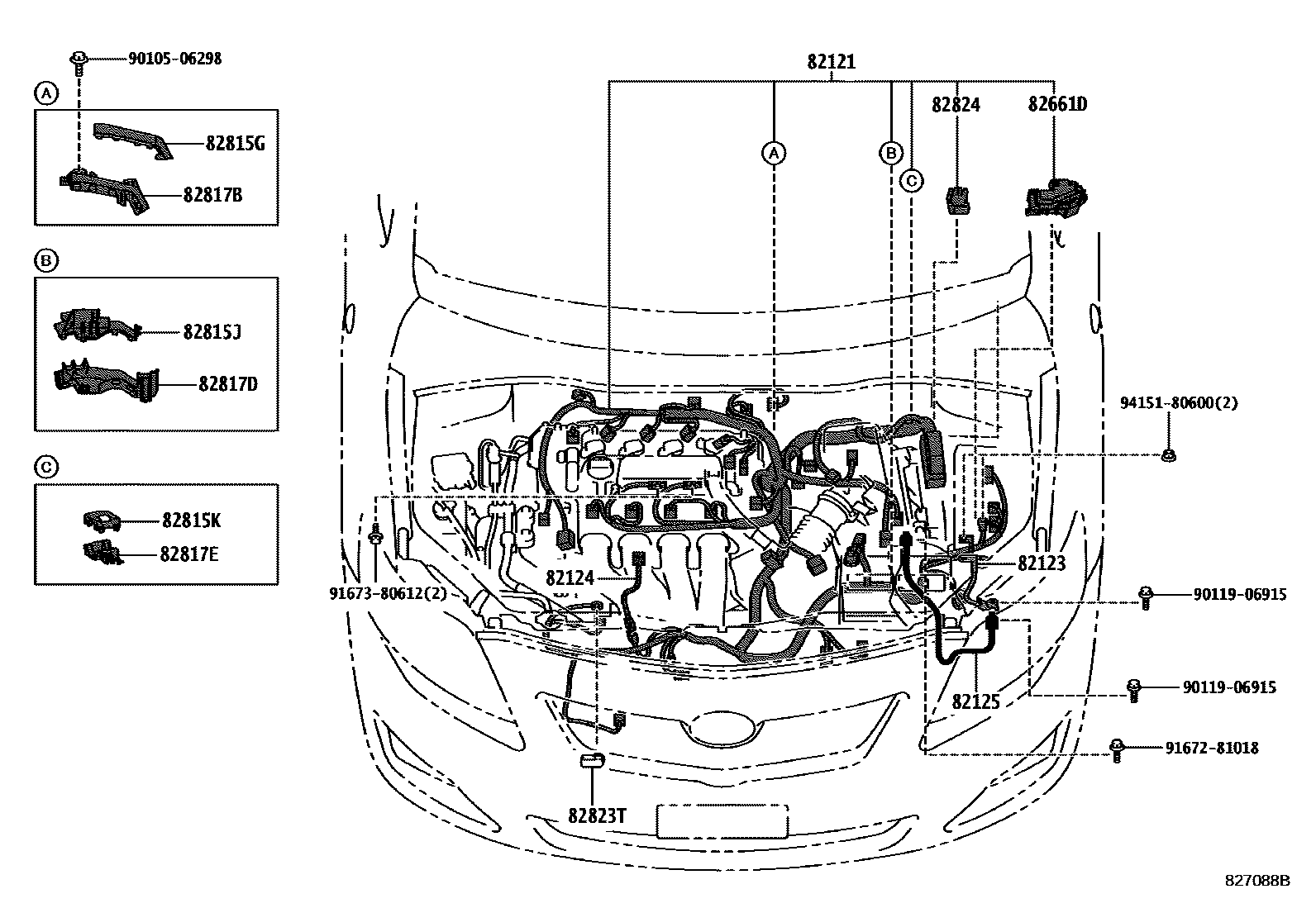 Toyota COROLLA 线束和卡夹 EPC diagram — 827088B
