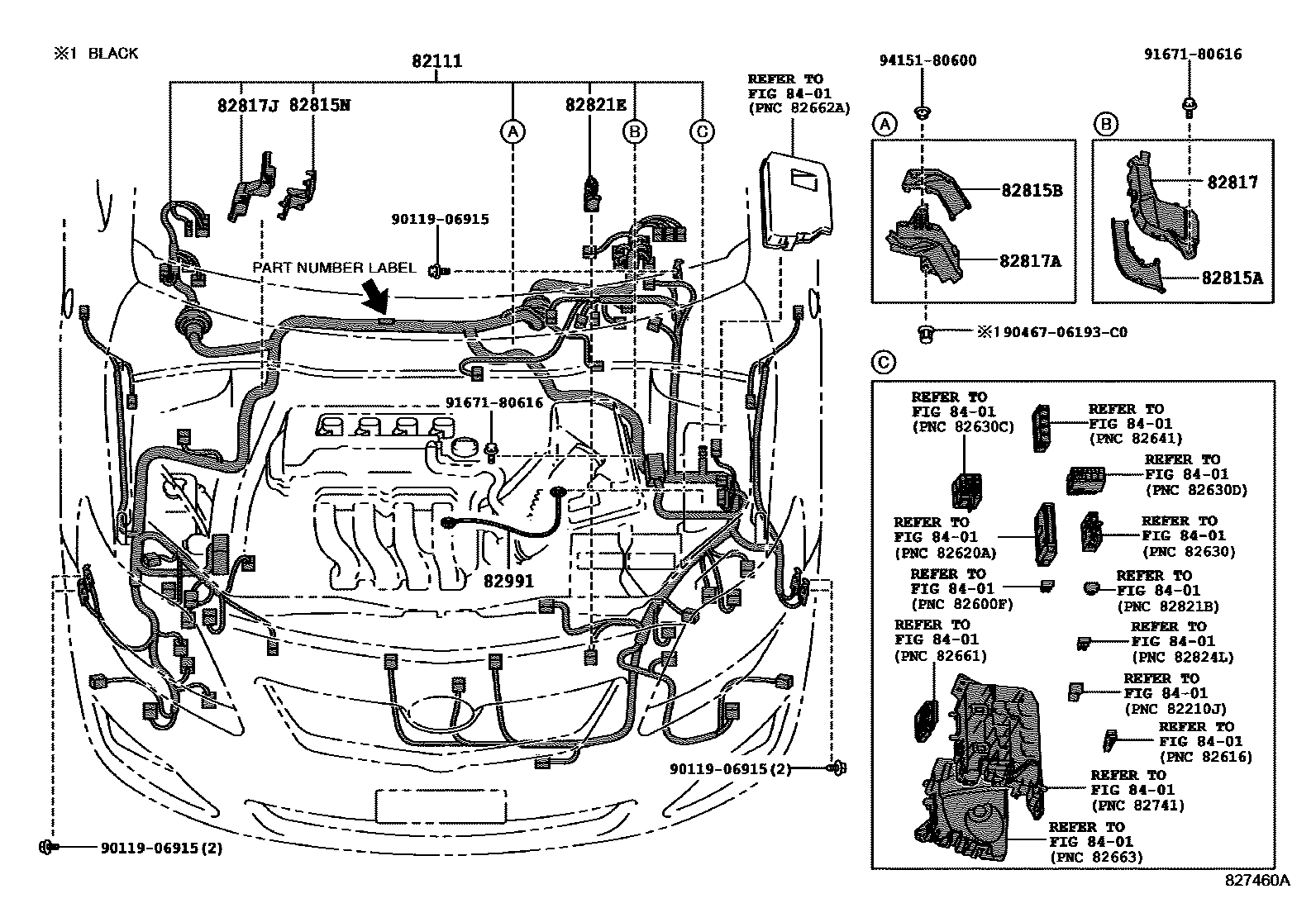 Toyota COROLLA 线束和卡夹 EPC diagram — 827460A
