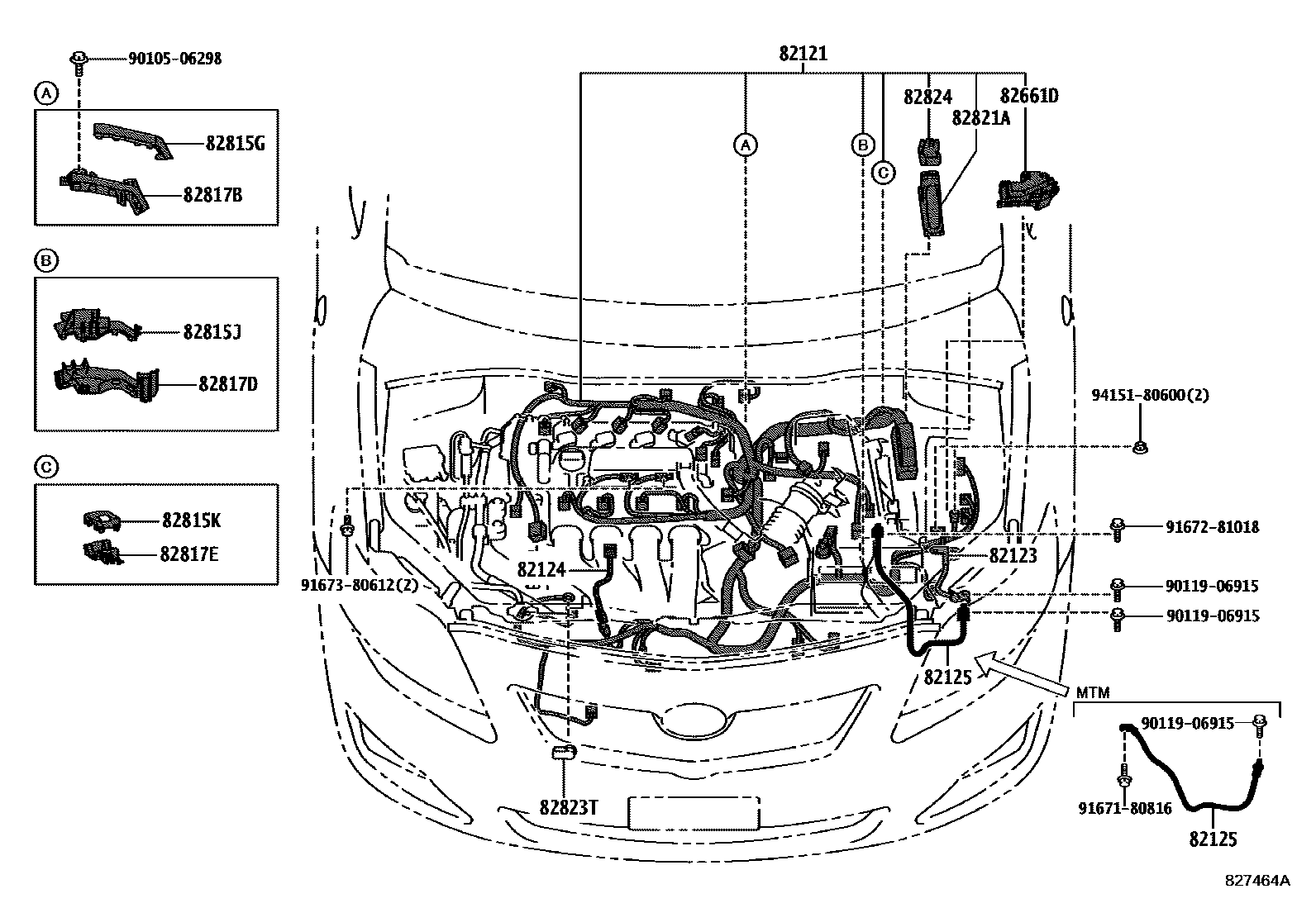 Toyota COROLLA 线束和卡夹 EPC diagram — 827464A