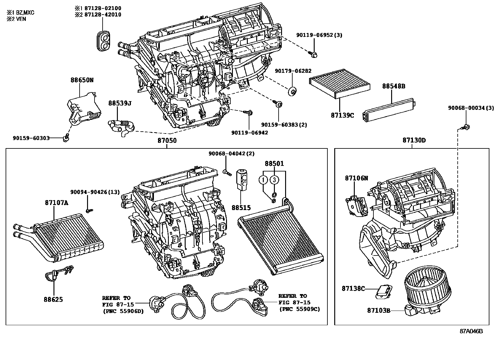 Toyota COROLLA 暖风和空调系统 - 冷却器组件 EPC diagram — 87A046B