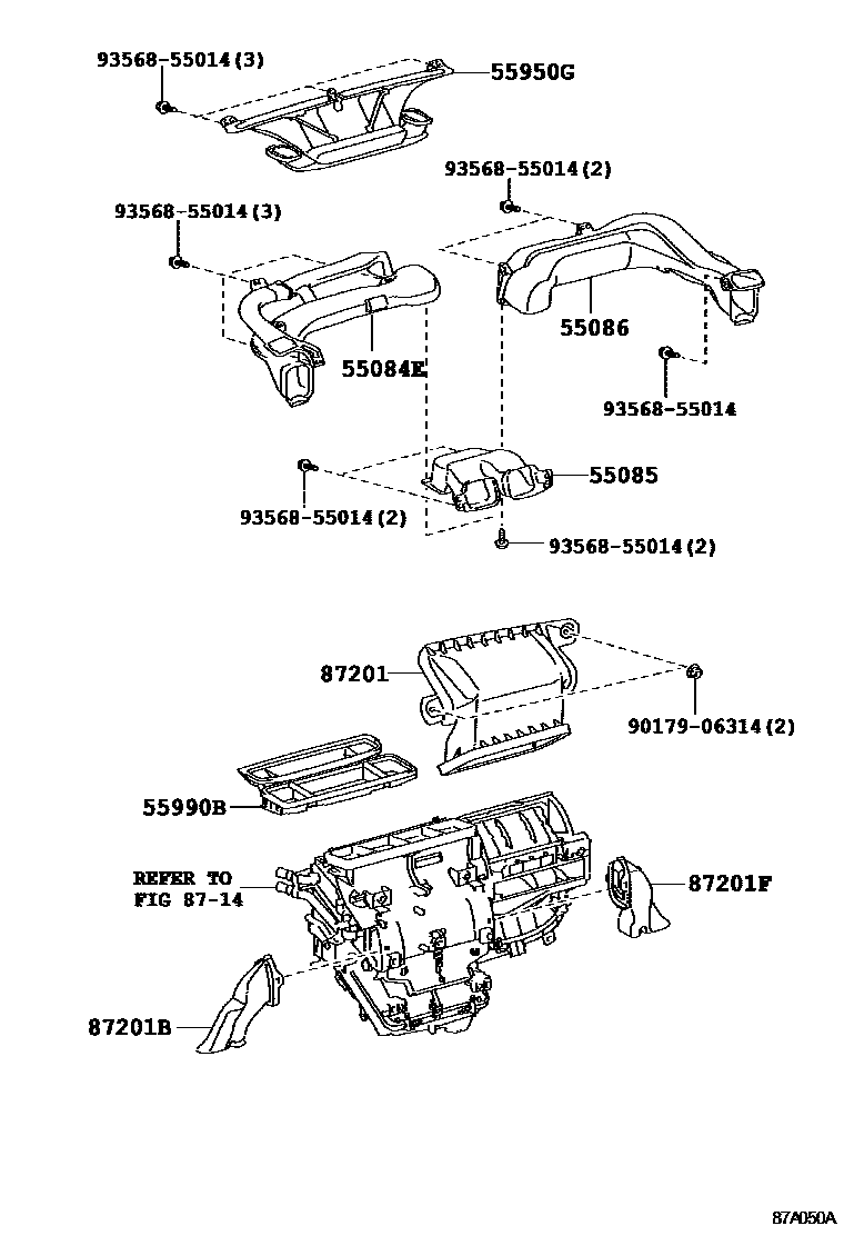 Toyota COROLLA 暖风和空调系统 - 控制器和风管 EPC diagram — 87A050A