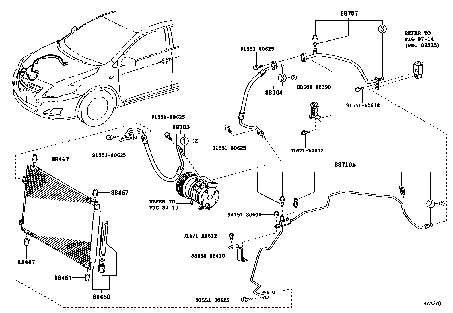 Toyota COROLLA Heating & Air Conditioning - Cooler Piping EPC diagram — 87A270