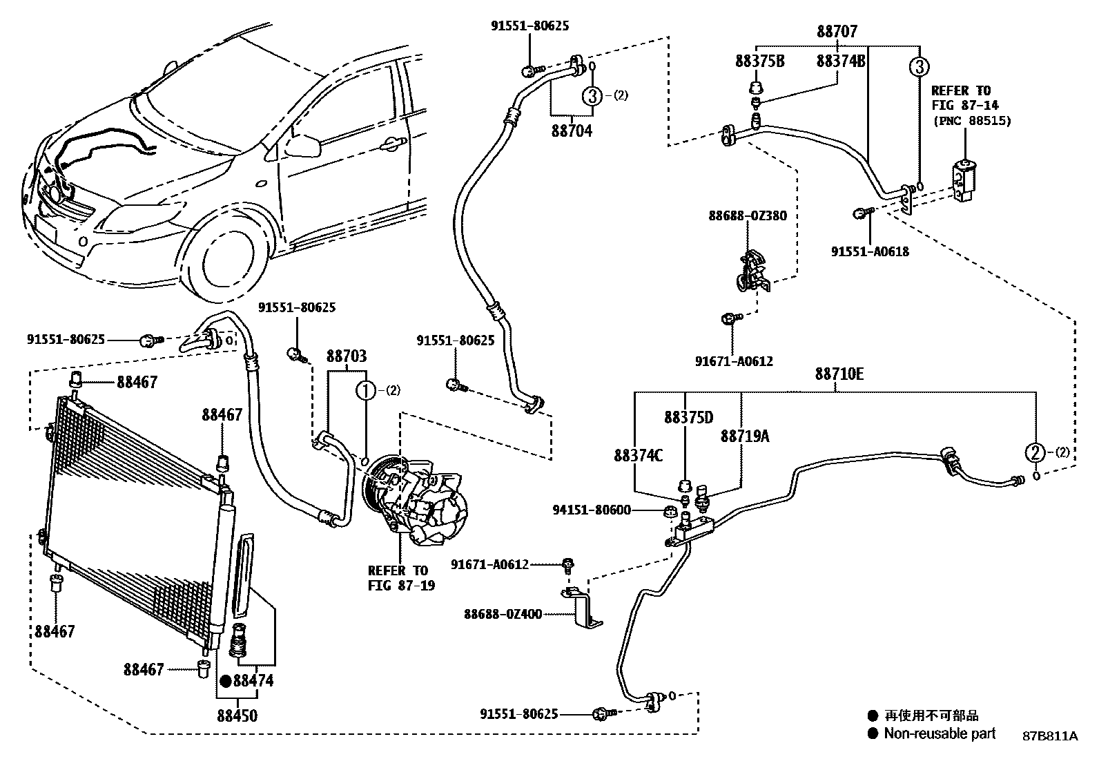 Toyota COROLLA Heating & Air Conditioning - Cooler Piping EPC diagram — 87B811A