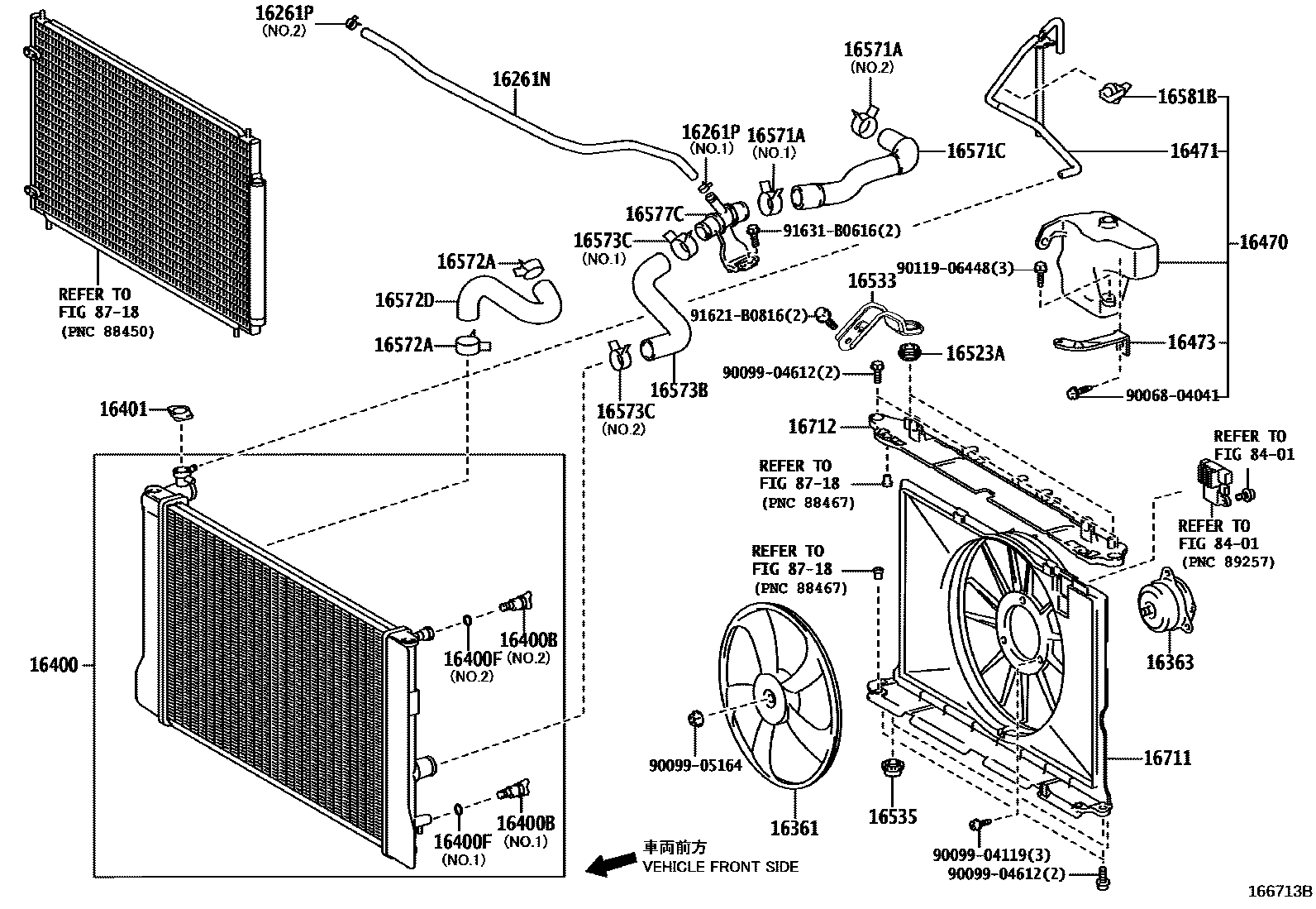Toyota COROLLA RADIATOR & WATER OUTLET EPC diagram — 166713B