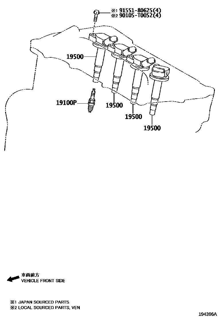 Toyota COROLLA 点火线圈和火花塞 /电热塞 EPC diagram — 194396A