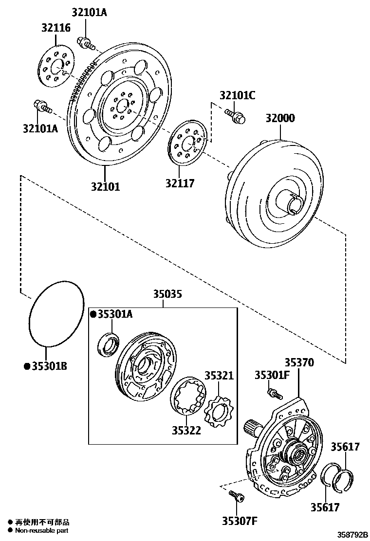 Toyota COROLLA 变矩器、前油泵和链条(ATM) EPC diagram — 358792B