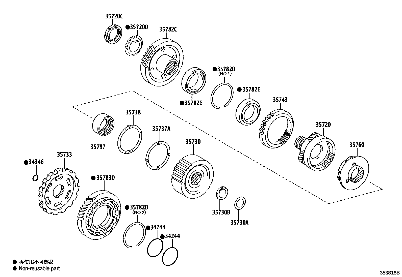 Toyota COROLLA 行星齿轮、倒档活塞和中间轴齿轮(ATM) EPC diagram — 358818B