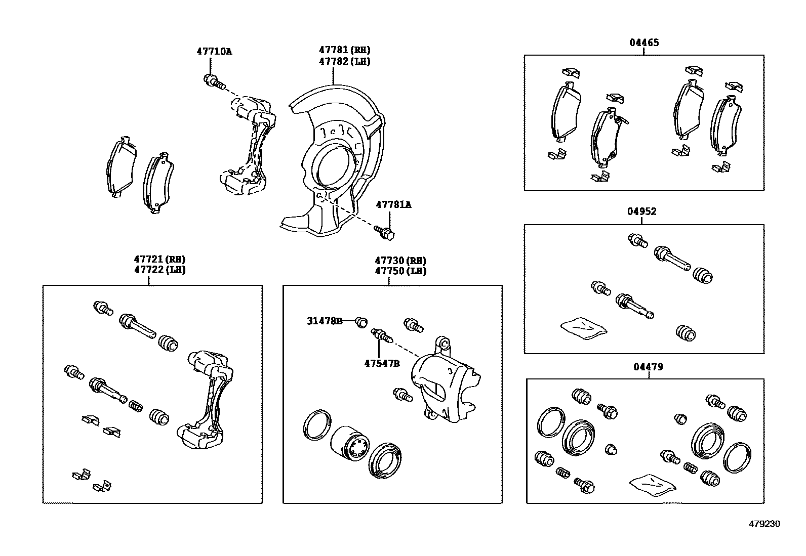 Toyota COROLLA 前盘式制动器卡钳和防尘罩 EPC diagram — 479230