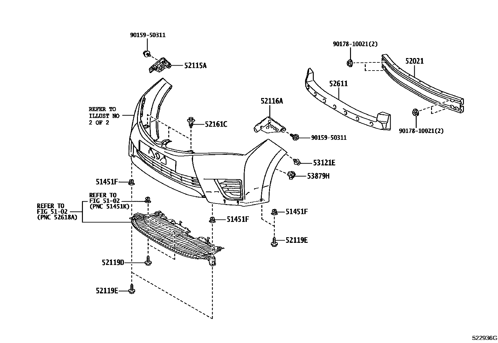 Toyota COROLLA 前保险杠及附件 EPC diagram — 522936G