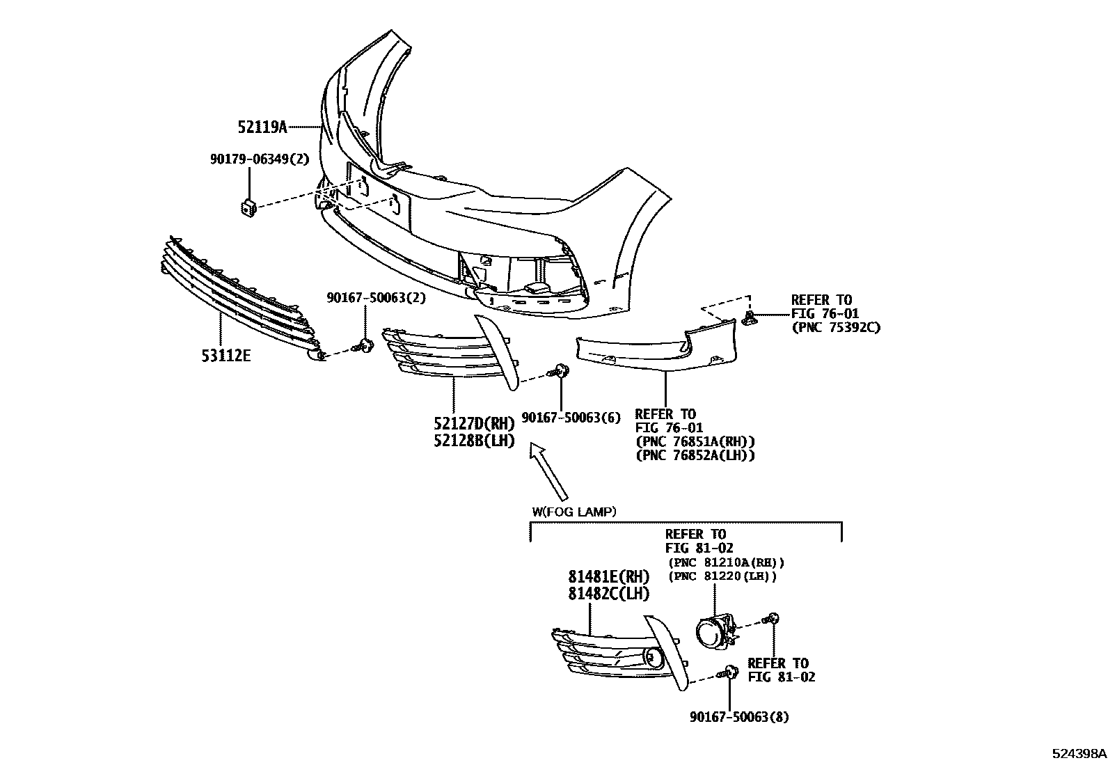 Toyota COROLLA 前保险杠及附件 EPC diagram — 524398A