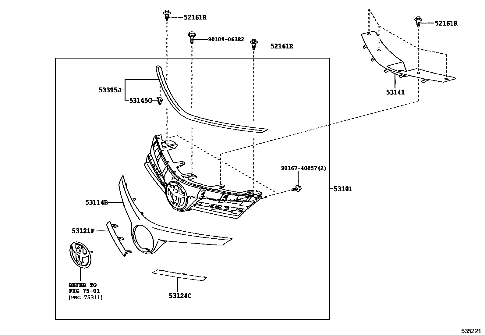 Toyota COROLLA radiator grille EPC diagram — 535221