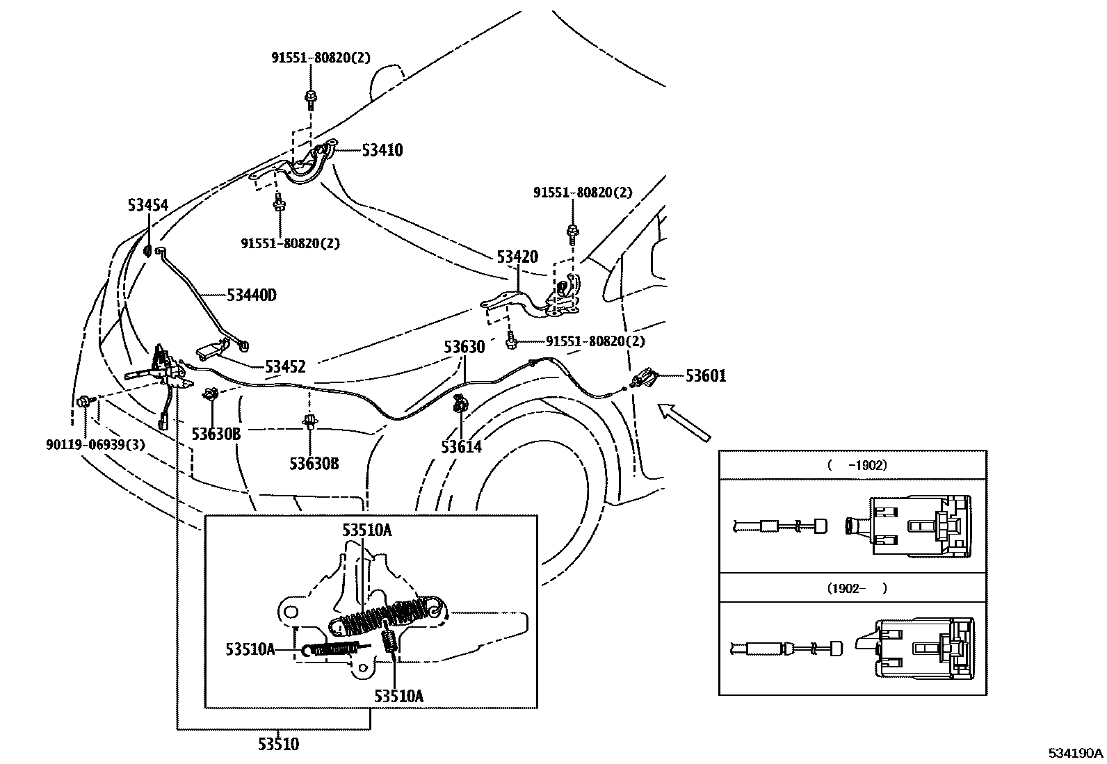 Toyota COROLLA 发动机盖锁和铰链 EPC diagram — 534190A