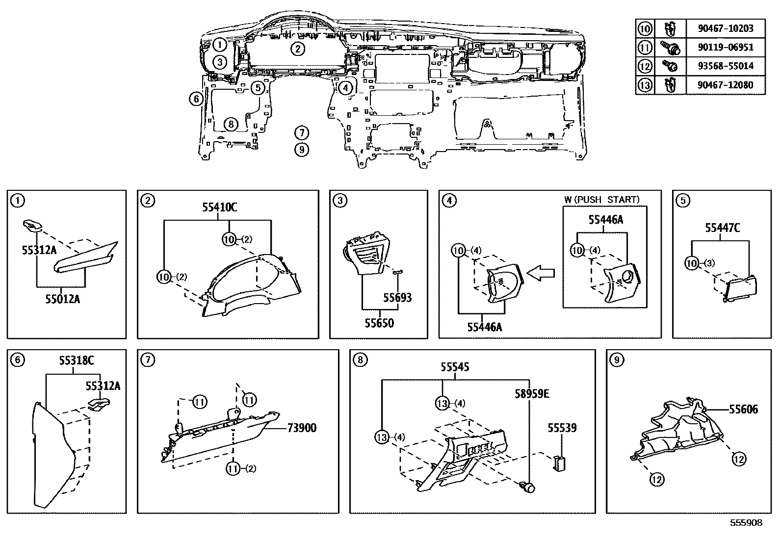 Toyota COROLLA 仪表板和手套箱 EPC diagram — 555908