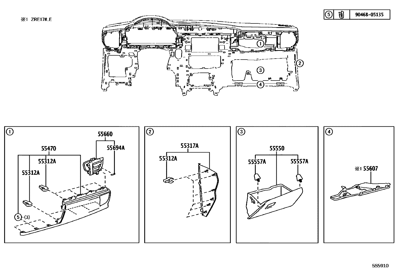 Toyota COROLLA 仪表板和手套箱 EPC diagram — 555910