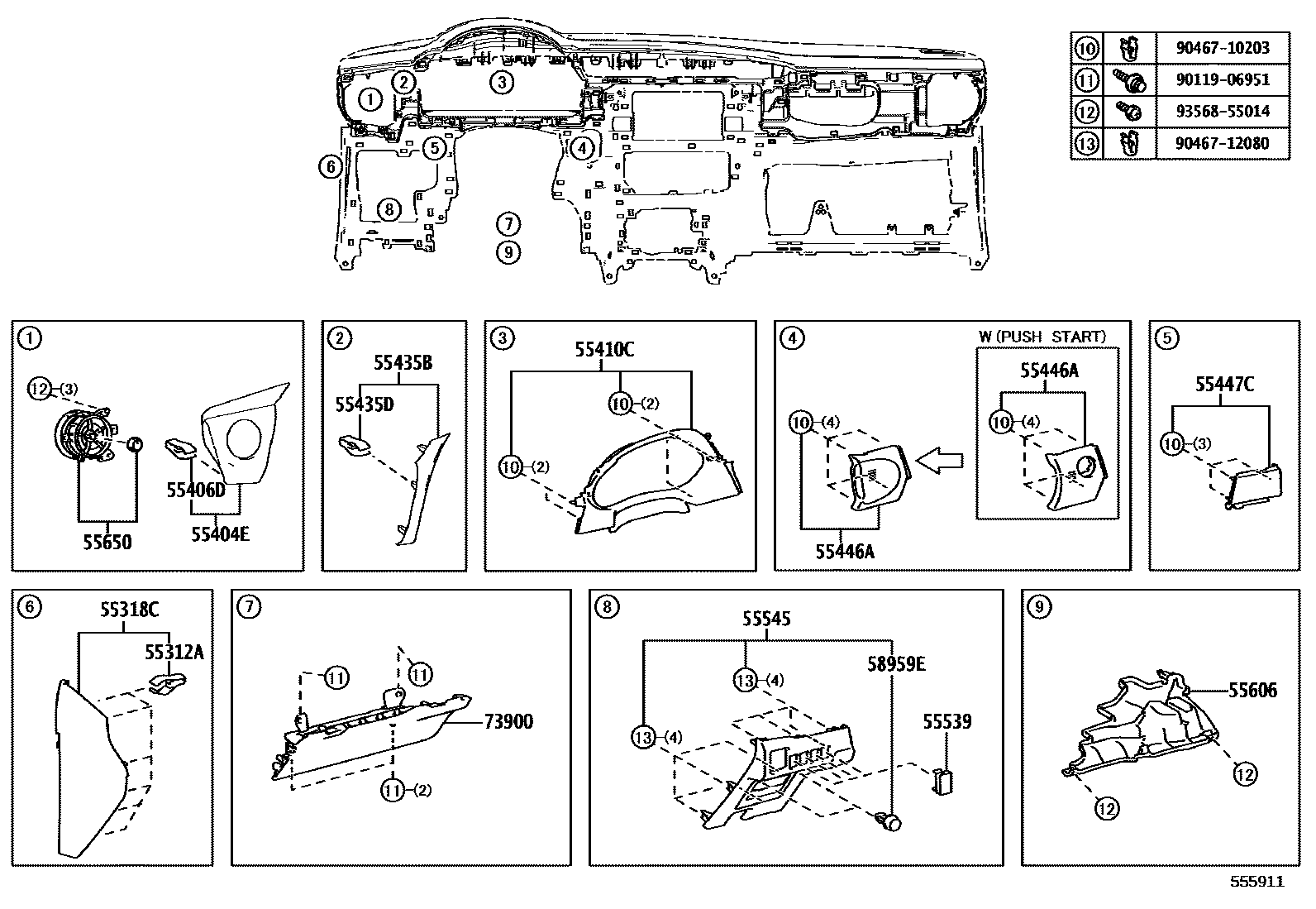 Toyota COROLLA 仪表板和手套箱 EPC diagram — 555911
