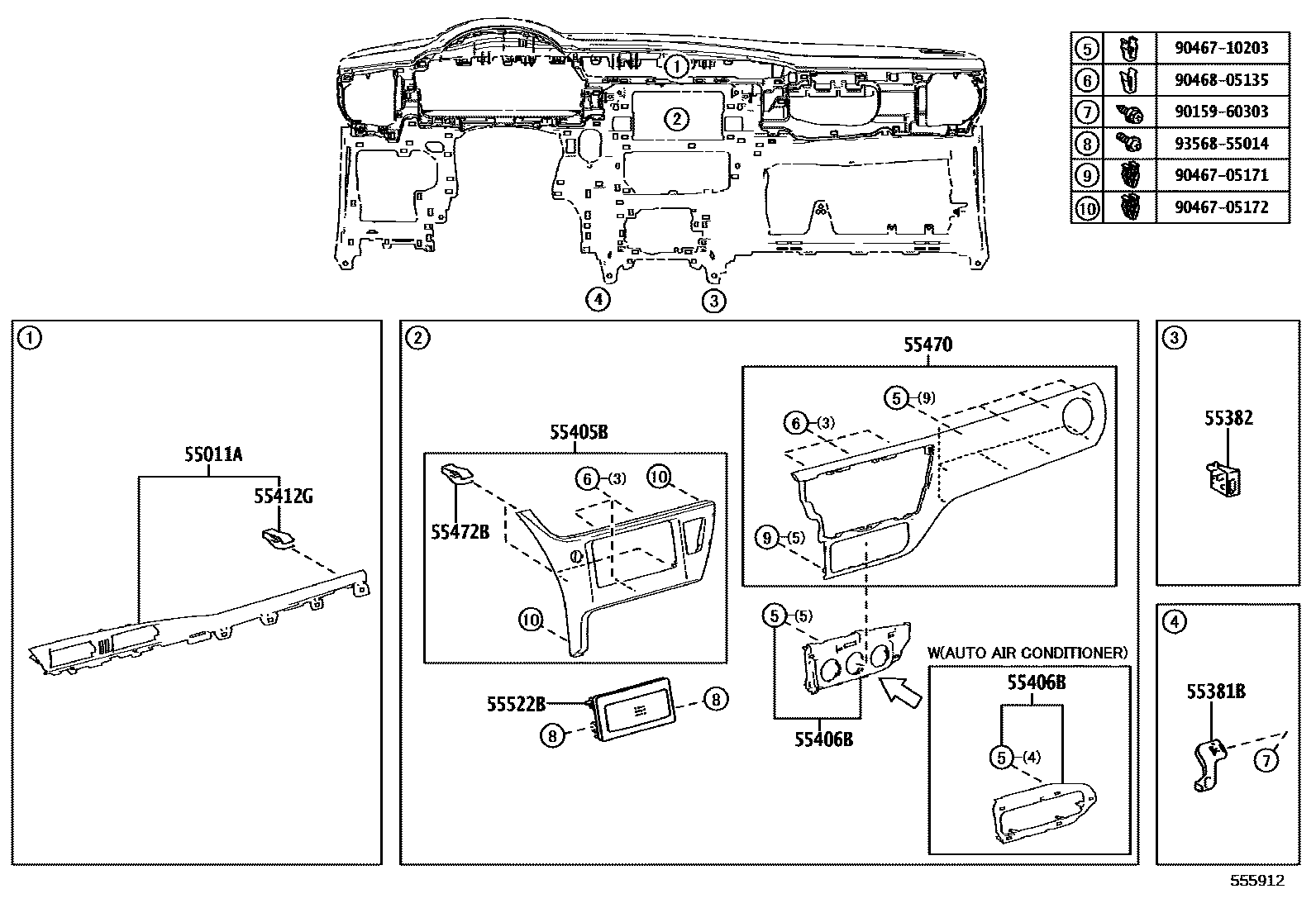 Toyota COROLLA 仪表板和手套箱 EPC diagram — 555912