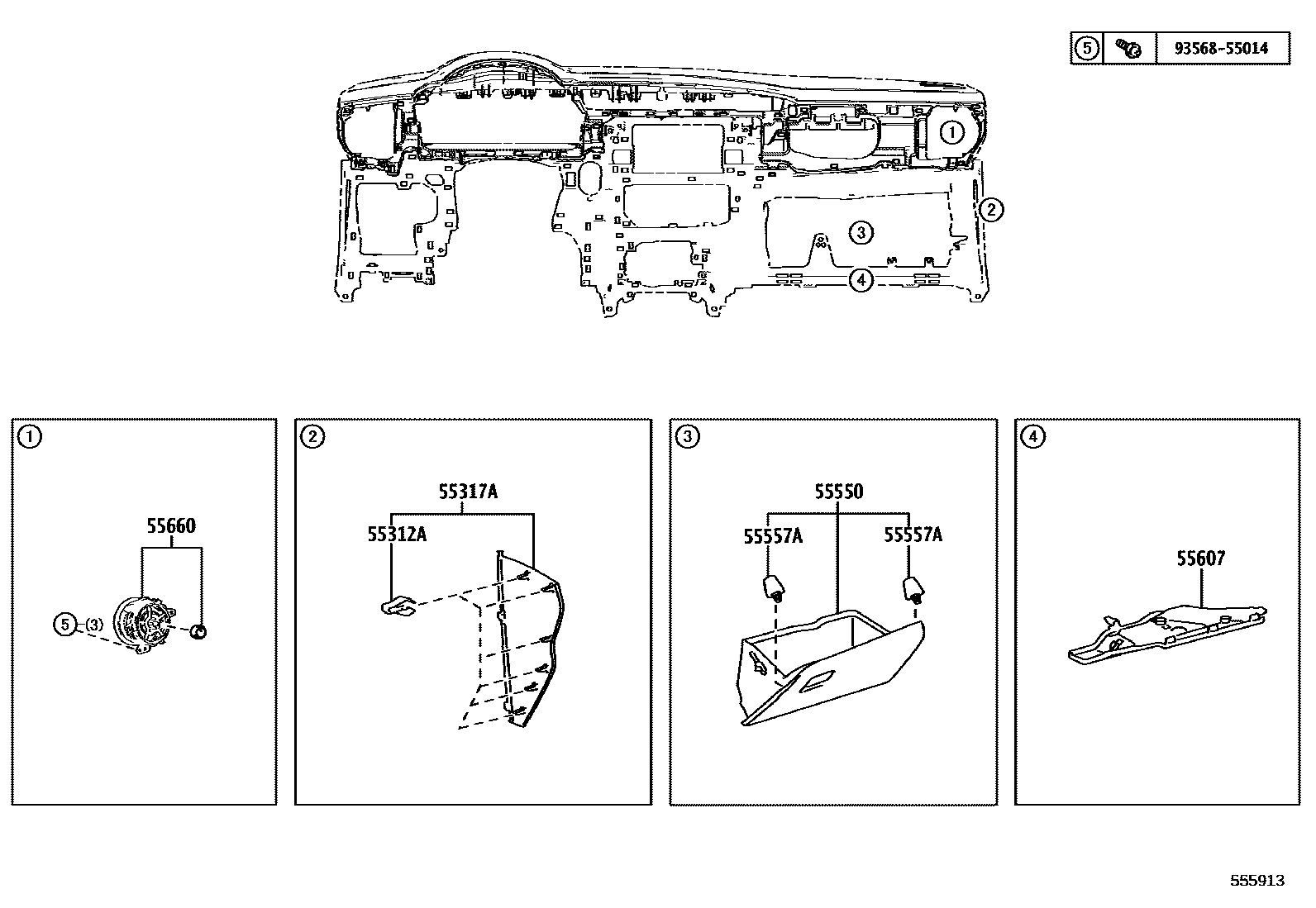 Toyota COROLLA 仪表板和手套箱 EPC diagram — 555913