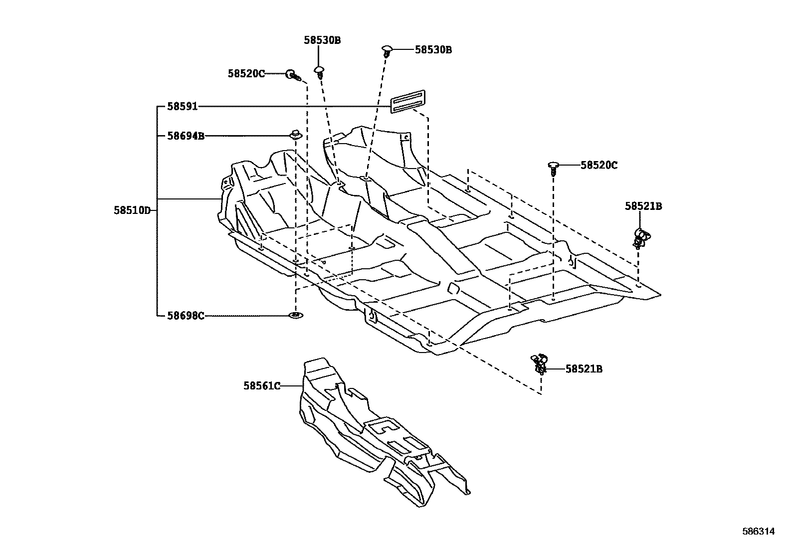 Toyota COROLLA 地板垫和地毯 EPC diagram — 586314