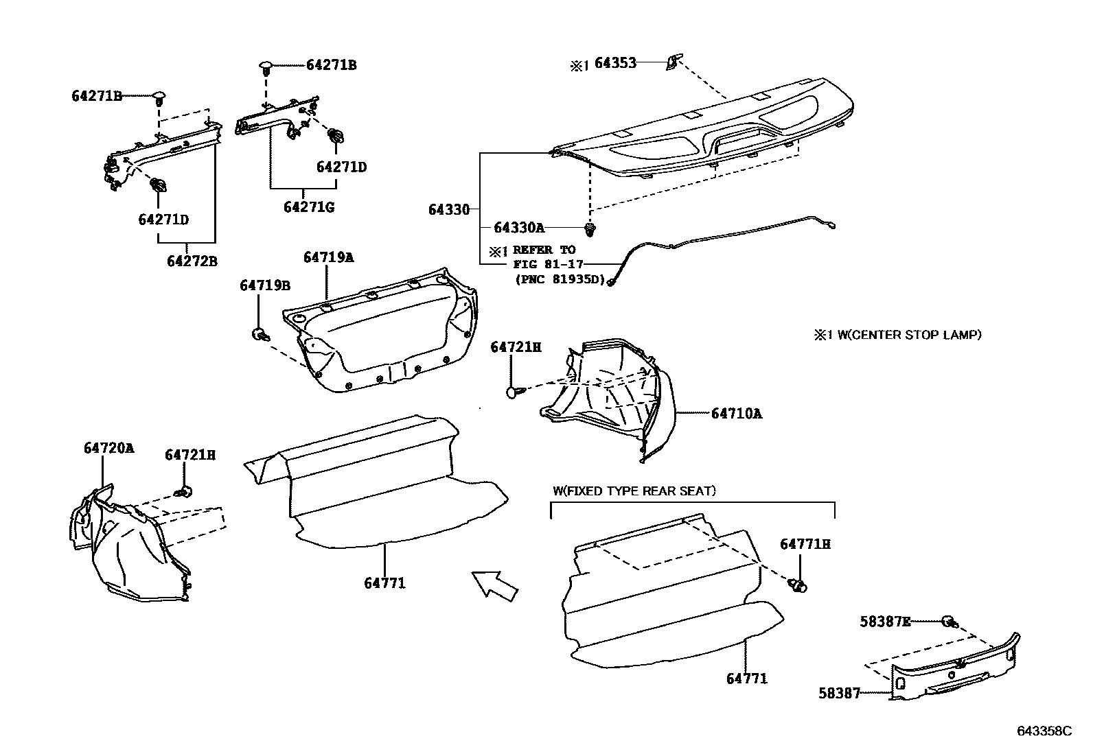 Toyota COROLLA 杂物箱板和行李箱垫 EPC diagram — 643558C