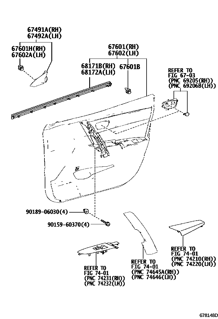 Toyota COROLLA 前门板和前门玻璃 EPC diagram — 678148D