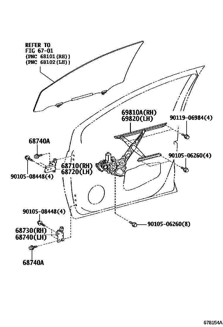 Toyota COROLLA 前门车窗升降器和合页 EPC diagram — 678154A
