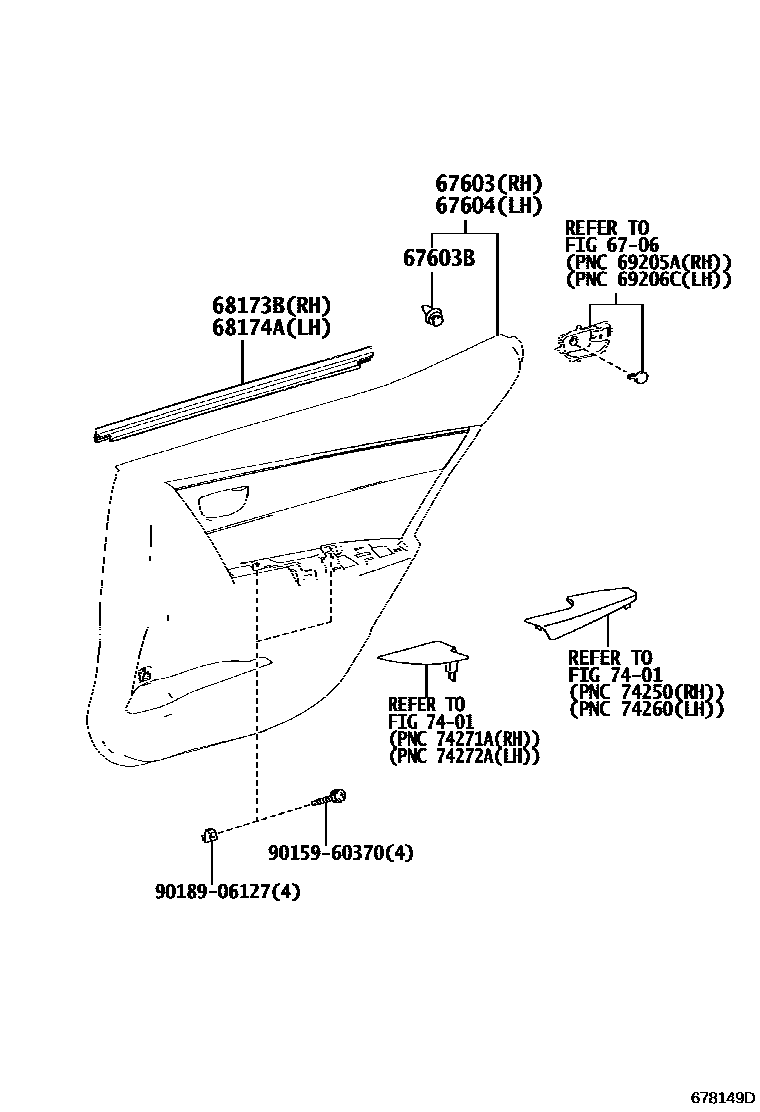 Toyota COROLLA 后门板和后门玻璃 EPC diagram — 678149D