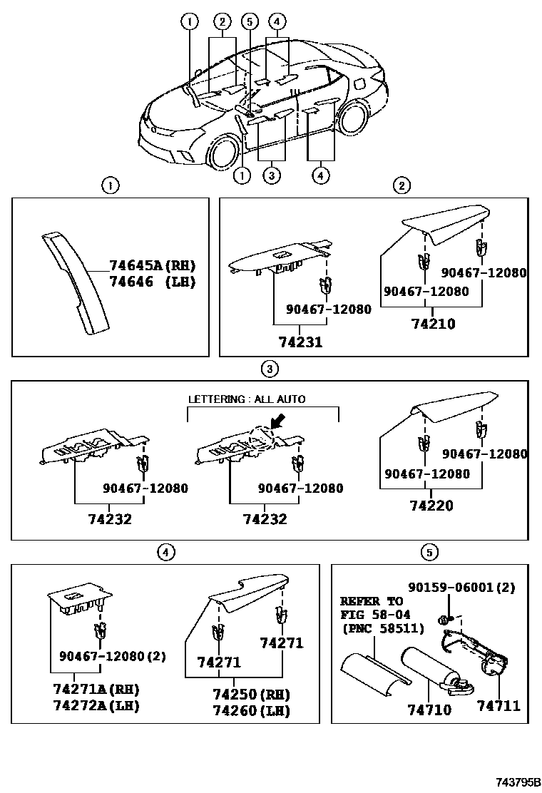 Toyota COROLLA 扶手和遮阳板 EPC diagram — 743795B