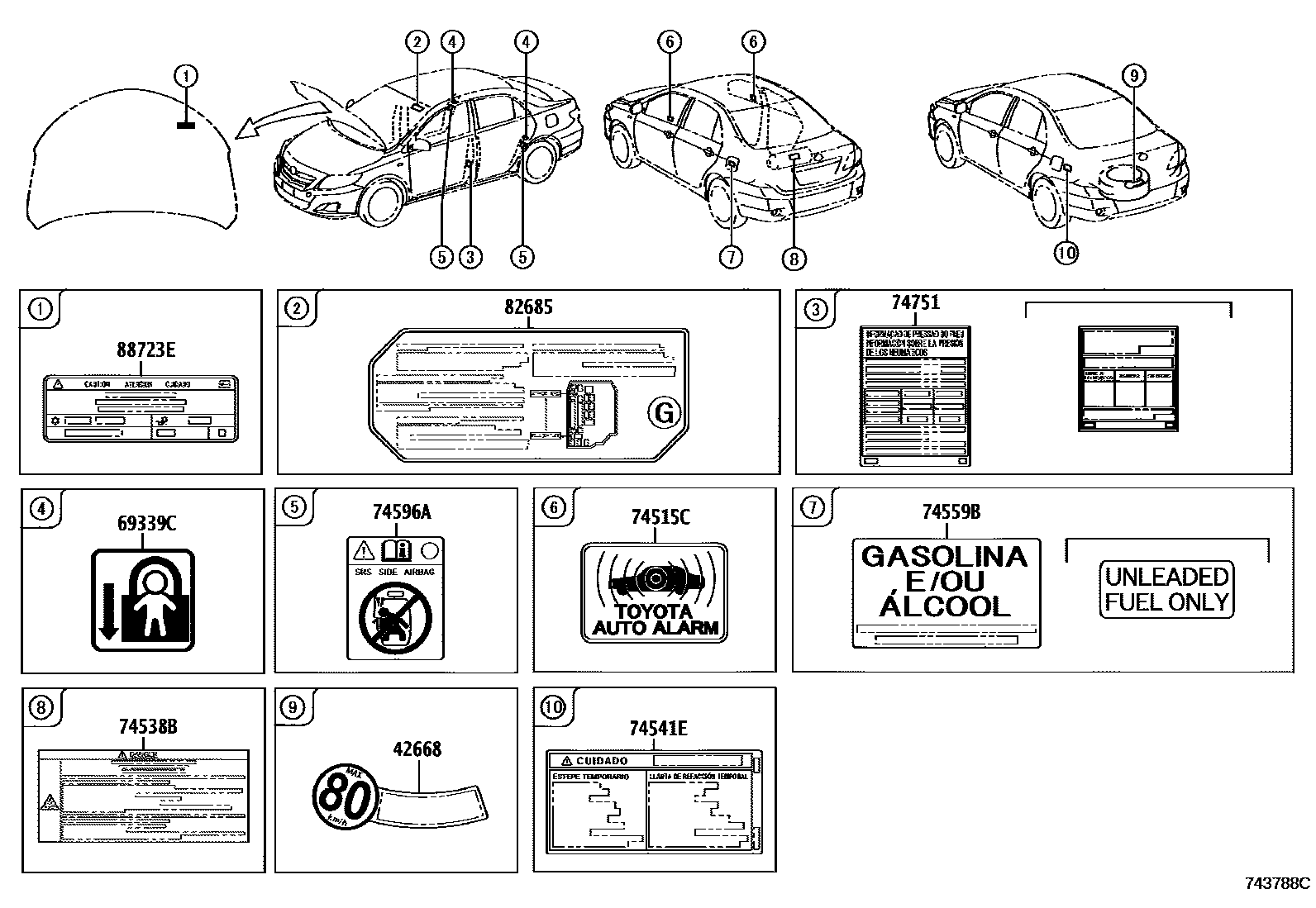 Toyota COROLLA 警示铭牌(车外和车内) EPC diagram — 743788C