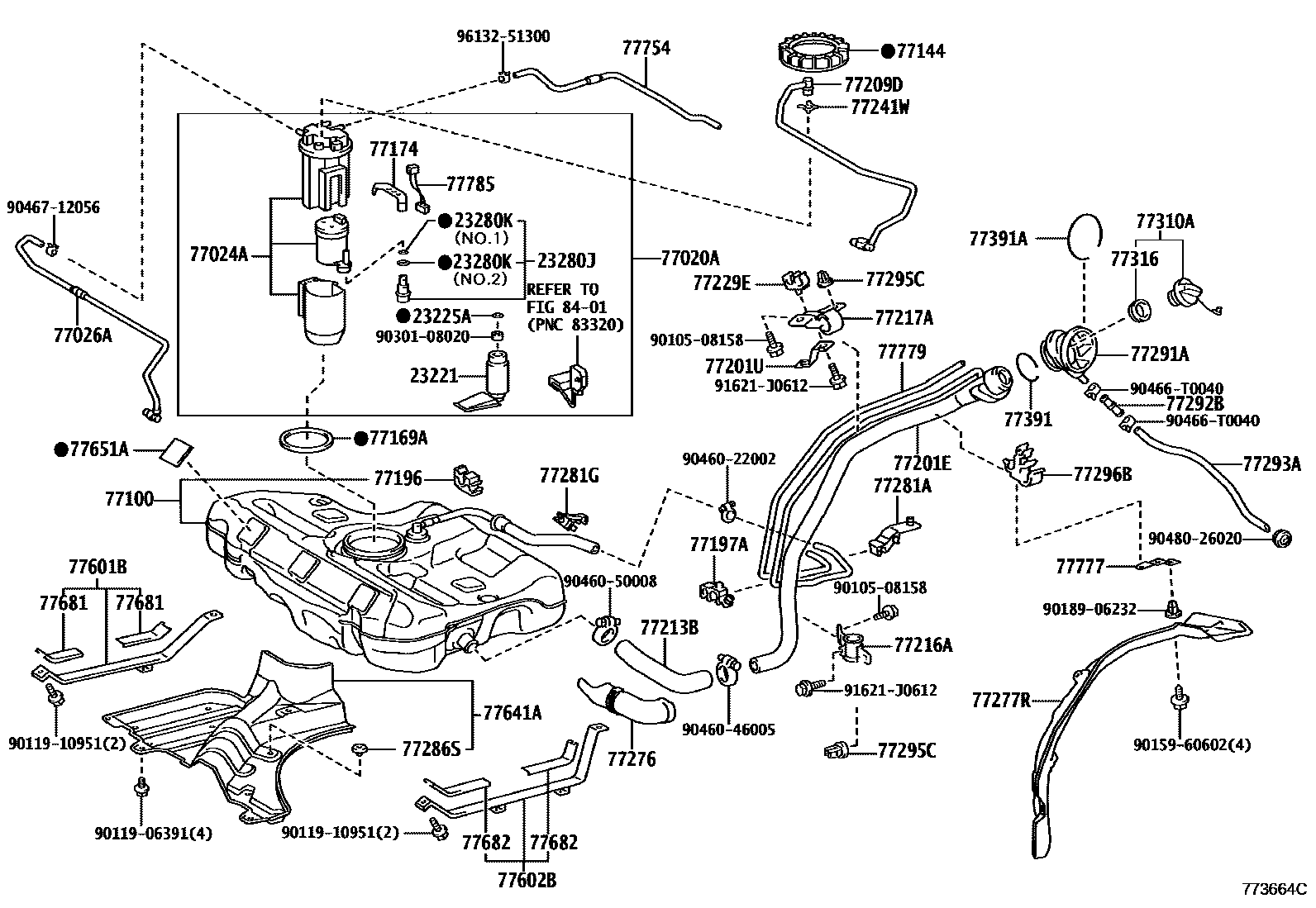 Toyota COROLLA 燃油箱和燃油管 EPC diagram — 773664C