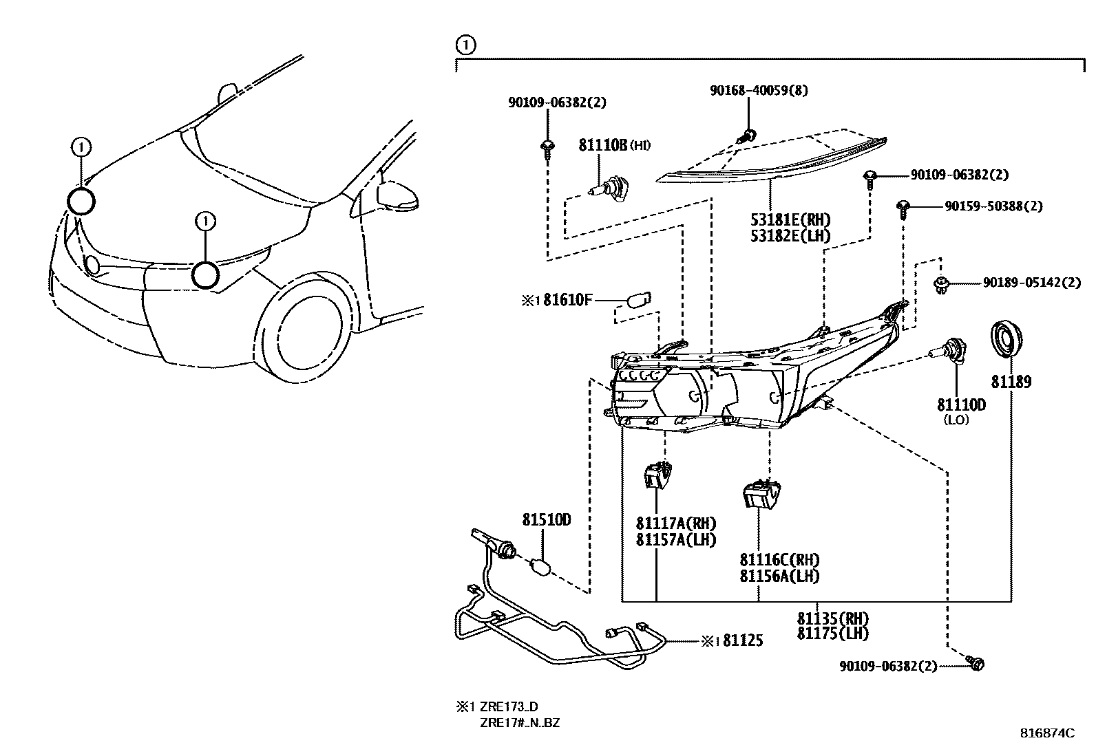 Toyota COROLLA Headlamp EPC diagram — 816874C