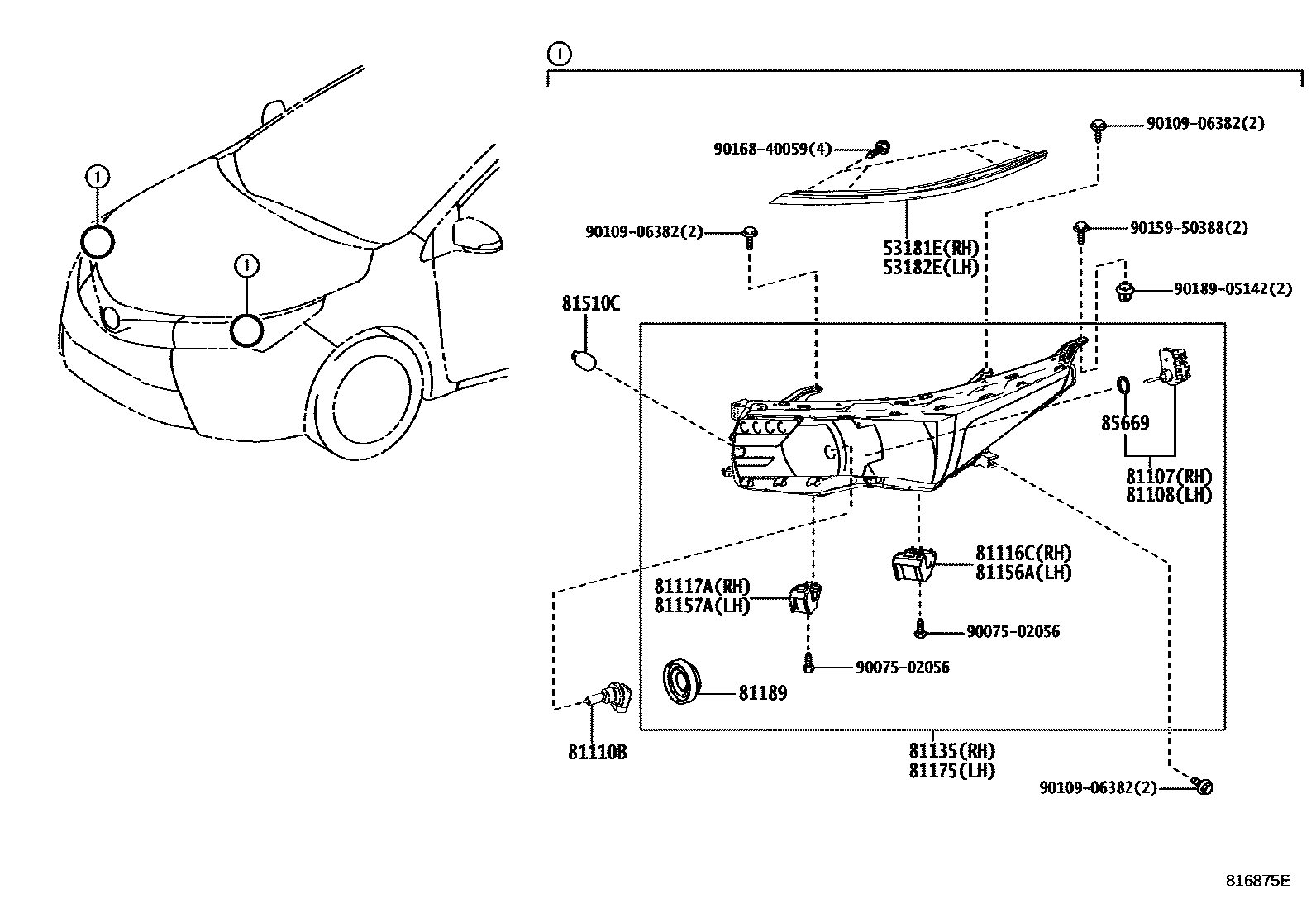 Toyota COROLLA Headlamp EPC diagram — 816875E
