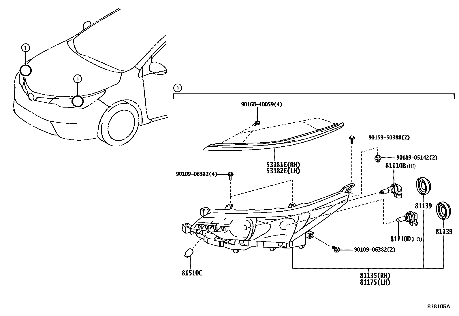 Toyota COROLLA Headlamp EPC diagram — 818105A