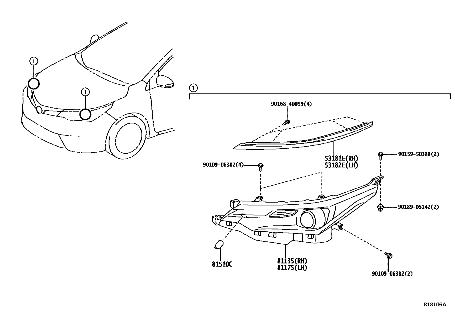 Toyota COROLLA Headlamp EPC diagram — 818106A
