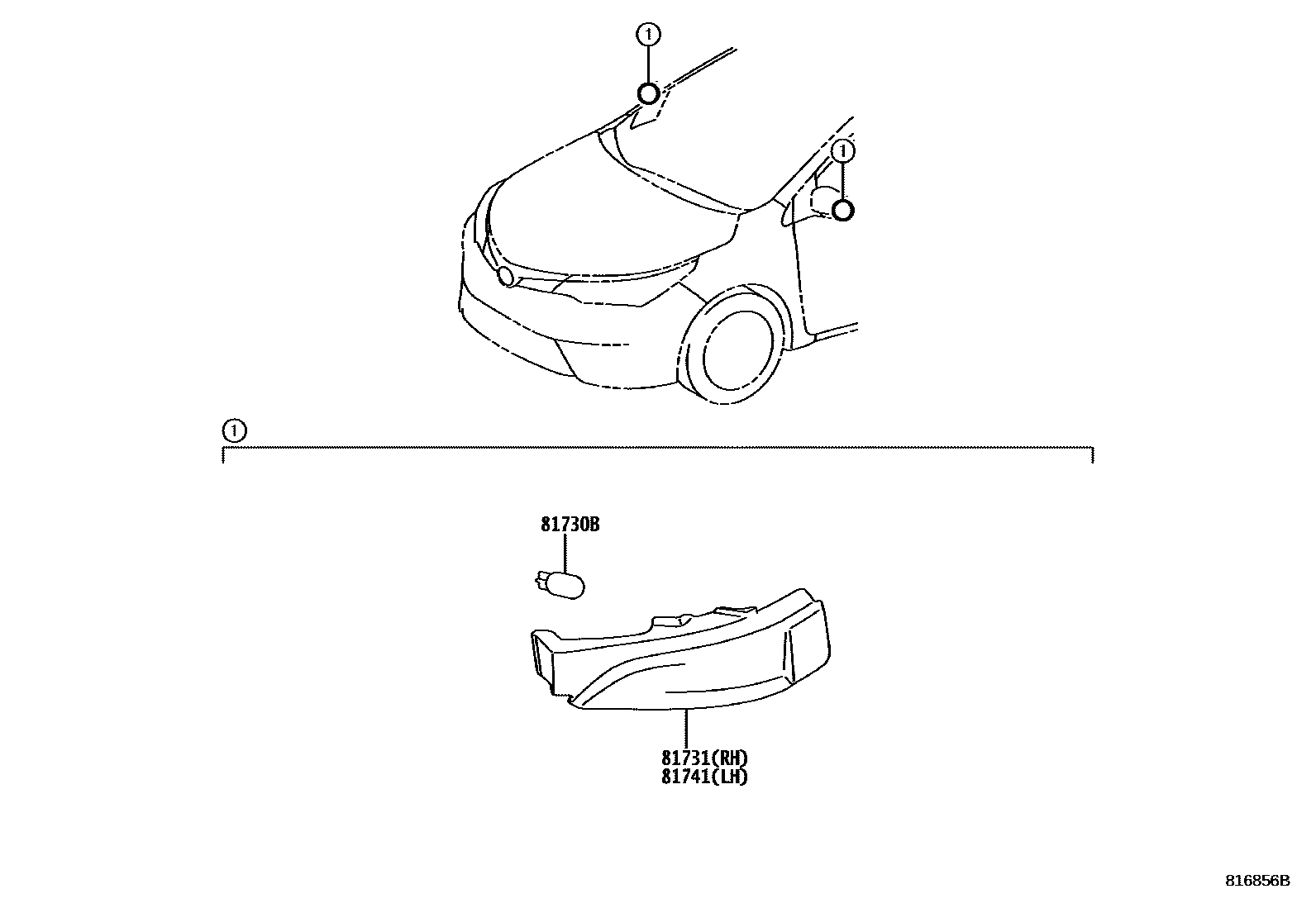Toyota COROLLA Side Turn Signal & Outer Mirror Lamp EPC diagram — 816856B