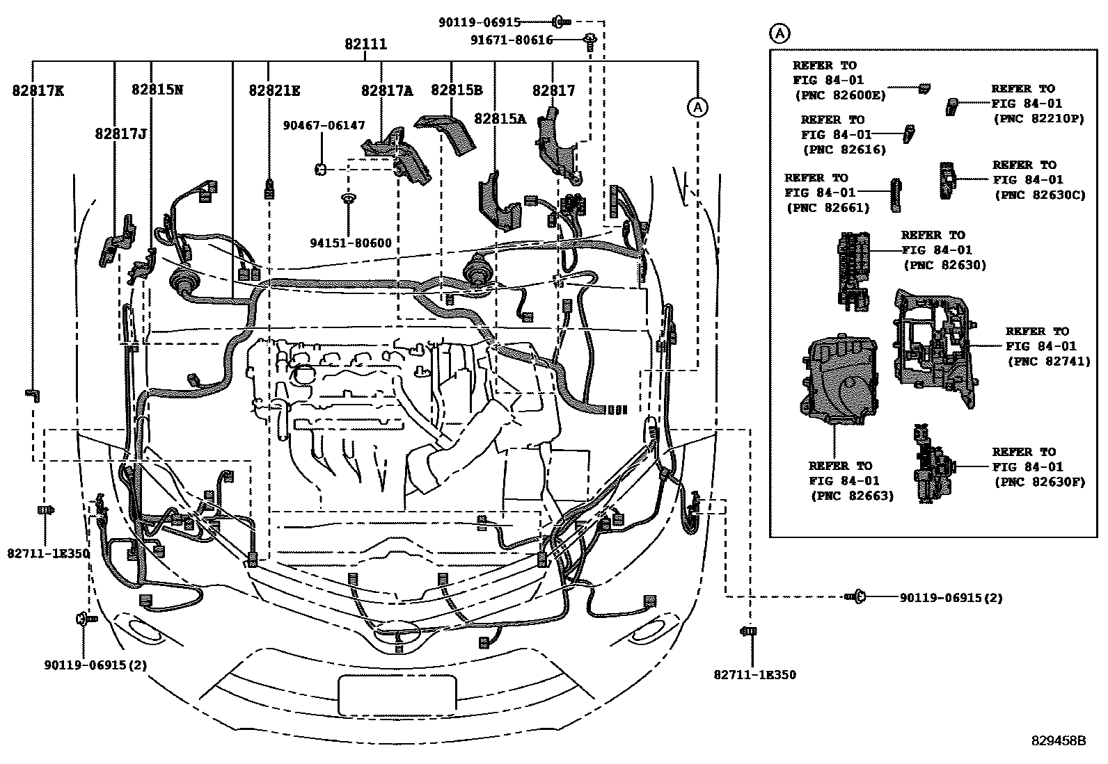Toyota COROLLA 线束和卡夹 EPC diagram — 829458B