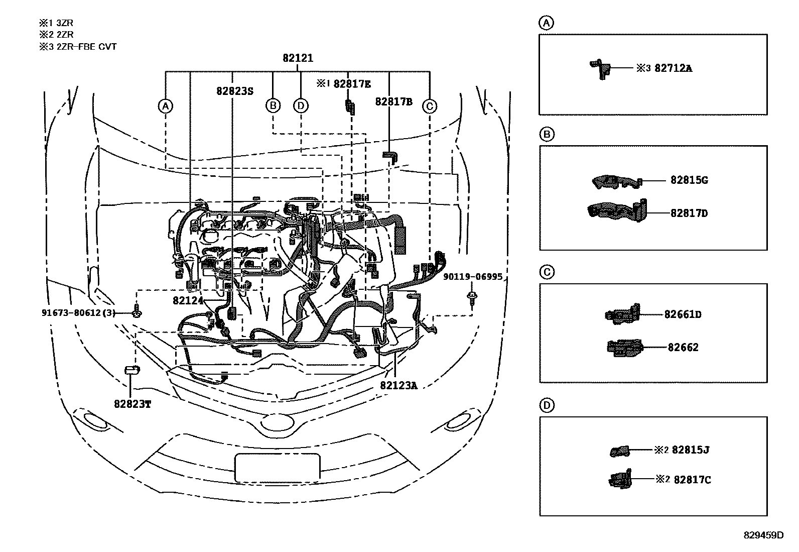 Toyota COROLLA 线束和卡夹 EPC diagram — 829459D