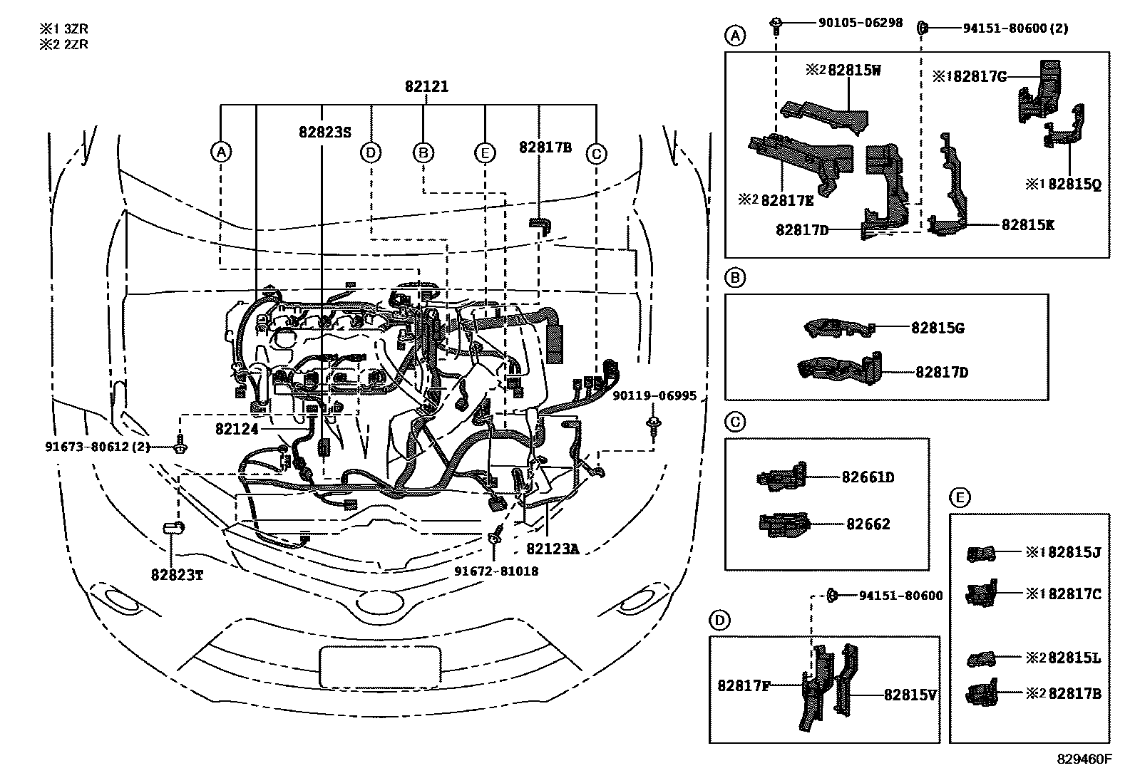 Toyota COROLLA 线束和卡夹 EPC diagram — 829460F