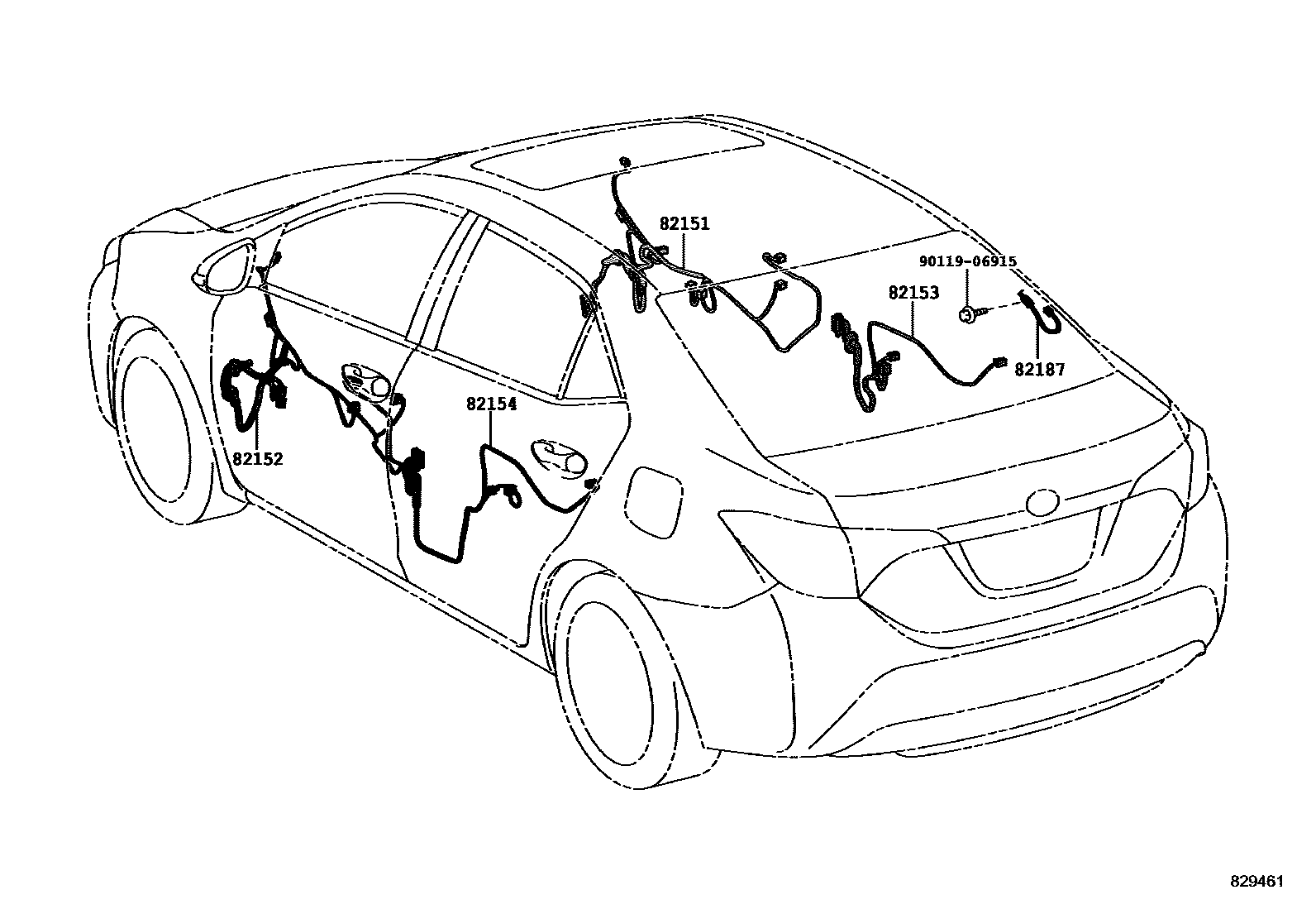 Toyota COROLLA 线束和卡夹 EPC diagram — 829461