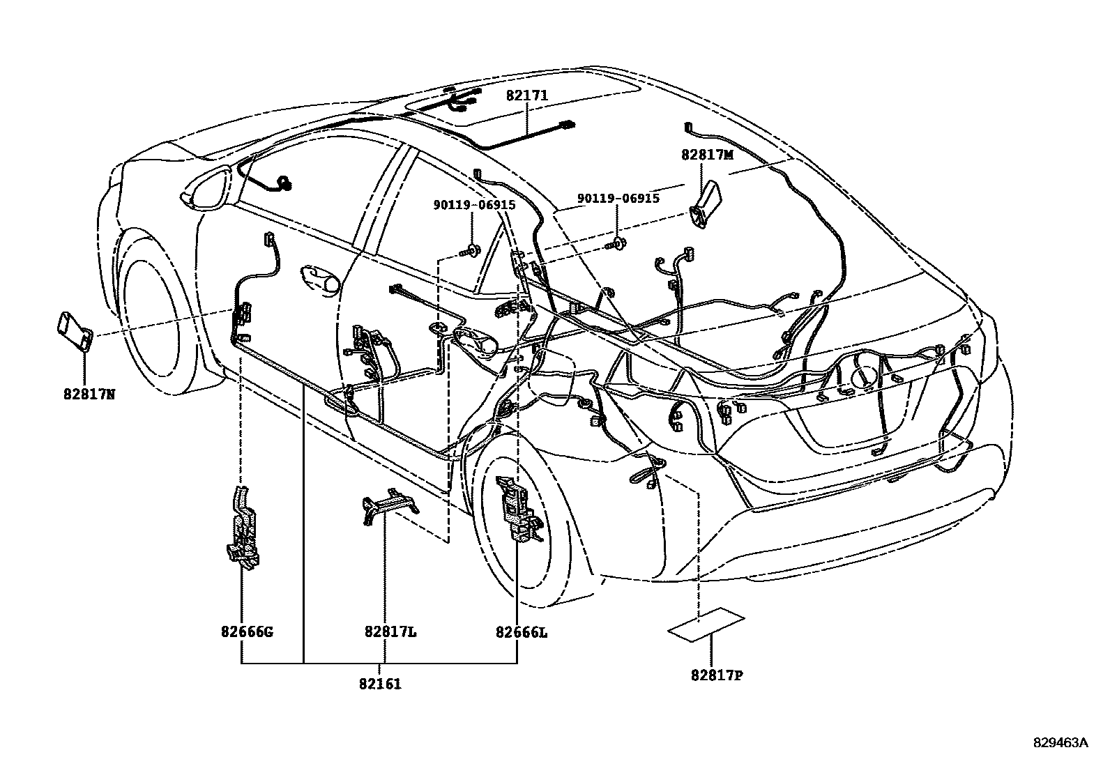 Toyota COROLLA 线束和卡夹 EPC diagram — 829463A
