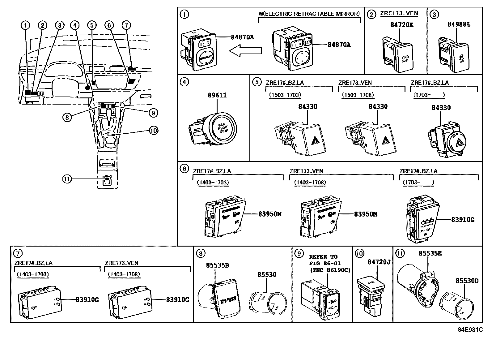 Toyota COROLLA 开关和继电器和ECU EPC diagram — 84E931C
