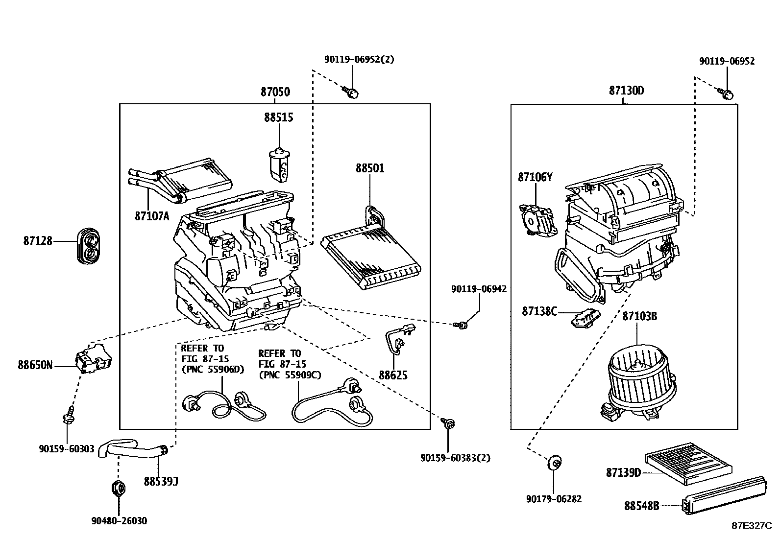Toyota COROLLA 暖风和空调系统 - 冷却器组件 EPC diagram — 87E327C